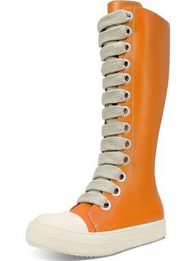 🆕Women's Orange Knee-High School Bicycling Boots Thick Laces Comfort